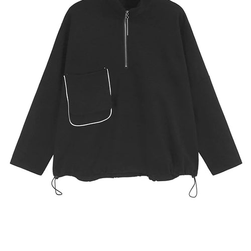 Load image into Gallery viewer, Women Black Color-block Pocket Big Size Drawstring T-shirt New Turtleneck Long Sleeve Fashion Spring Autumn 2025 1DH9383
