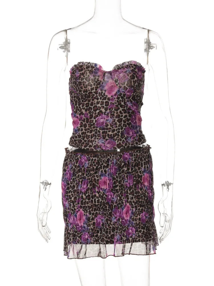 Leopard Print Sexy Skirt Two Piece Sets Women Off-shoulder Crop Tops And Mini Skirt Female Summer Beach 2 Piece Set