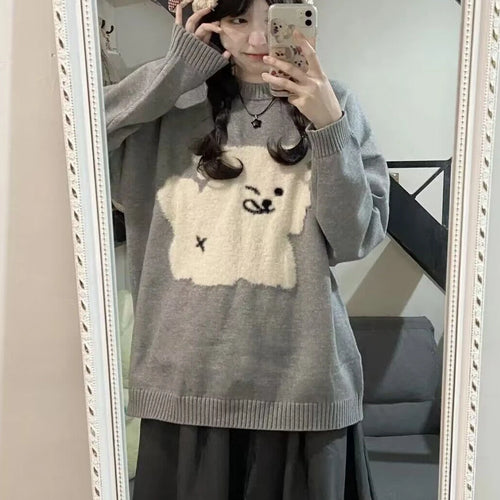 Load image into Gallery viewer, Japanese Grunge Kawaii Cute Flocking Dog Sweaters Women Y2k Aesthetic Casual Loose Jumpers 2025 Autumn New Gentle Gray Pullovers
