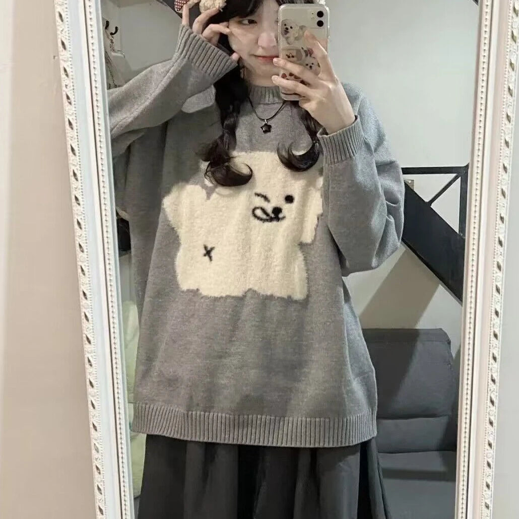 Japanese Grunge Kawaii Cute Flocking Dog Sweaters Women Y2k Aesthetic Casual Loose Jumpers 2025 Autumn New Gentle Gray Pullovers