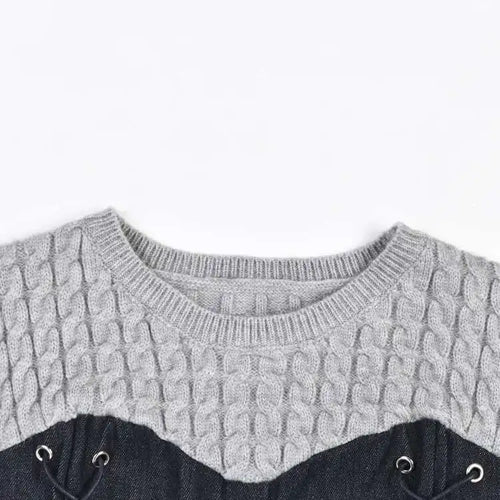 Load image into Gallery viewer, Women Blue Knitting Denim Bandage Elegant T-shirt New Round Neck Long Sleeve Fashion Tide Spring Autumn 2025 1LD0815
