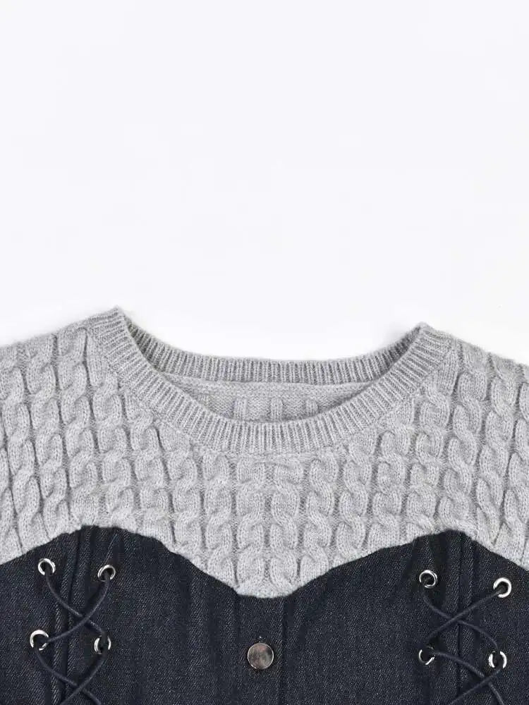 Women Blue Knitting Denim Bandage Elegant T-shirt New Round Neck Long Sleeve Fashion Tide Spring Autumn 2025 1LD0815