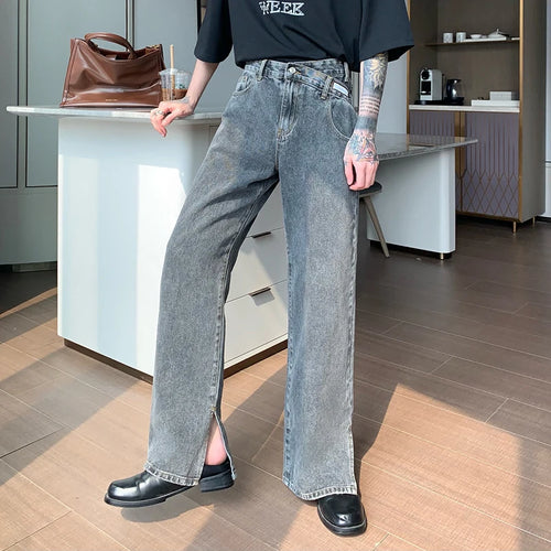 Load image into Gallery viewer, Niche Design Men&#39;s Denim Pants Slit Casual Wide Leg Flared Trousers Straight Loose Solid Color Male Jeans Autumn 9C6894
