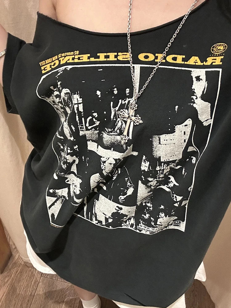 Print Rough Edges t-Shirt Women Slanted Shoulders Skinny Street Simple Classic Summer Trend Leisure Sexy Loose Daily Tops