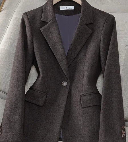 French Women Grey Temperament Long Sleeve Slim Woolen Blazer Coat Fashion 2024 New Autumn Winter Ladies Brown Office Button Tops