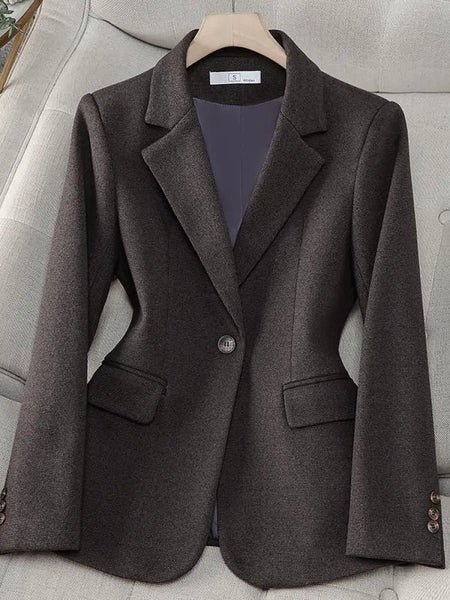 French Women Grey Temperament Long Sleeve Slim Woolen Blazer Coat Fashion 2024 New Autumn Winter Ladies Brown Office Button Tops