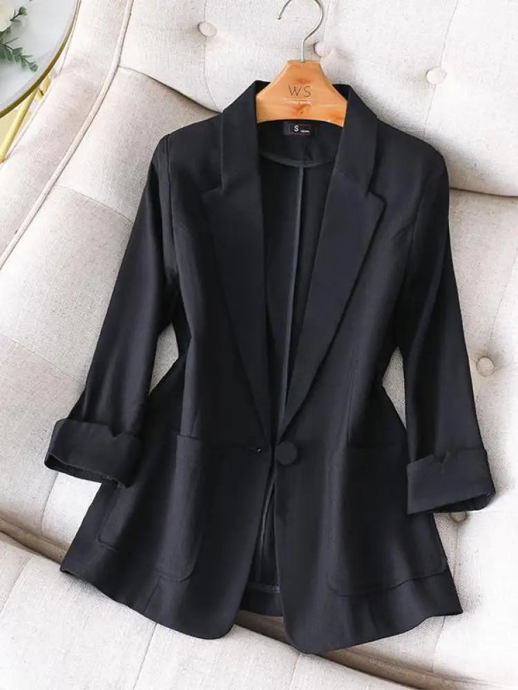Black White Blazer Tops For Women Chic Elegant Ladies Green Seven-point Sleeve Jacket Spring Summer New 2024 Suit  Fashion Trend