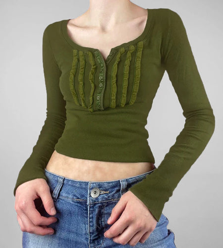 Y2K Fairycore Green Long Sleeve Women Tee Shirts Slim Basic Stitch Ruched Buttons Pullover Autumn T shirt Top Outfits