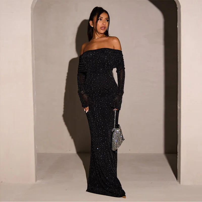 Glitter Off-shoulder Sexy Maxi Dress For Women Gown Black Strapless Long Sleeve Bodycon Club Party Sparkle Long Dress