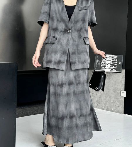 Gray Hollow Out Blazer Half-body Skirt Two Pieces Suit New V-Neck Short Sleeve Women Fashion Spring Autumn 2025 1DJ0789