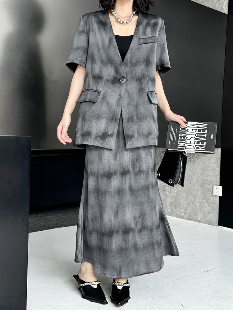 Gray Hollow Out Blazer Half-body Skirt Two Pieces Suit New V-Neck Short Sleeve Women Fashion Spring Autumn 2025 1DJ0789