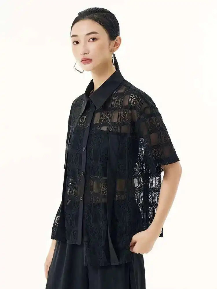 Women White Lace Perspective Big Size Thin Blouse New Lapel Short Sleeve Shirt Fashion Tide Spring Summer 2025 1DH5625