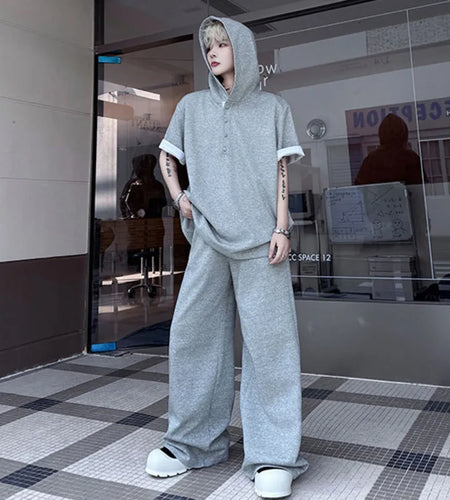 Men's Summer Two-piece Suit Hooded Contrast Color Short Sleeve Sweatshirts Casual Male Elastic Waist Pants Men Set 9W1507