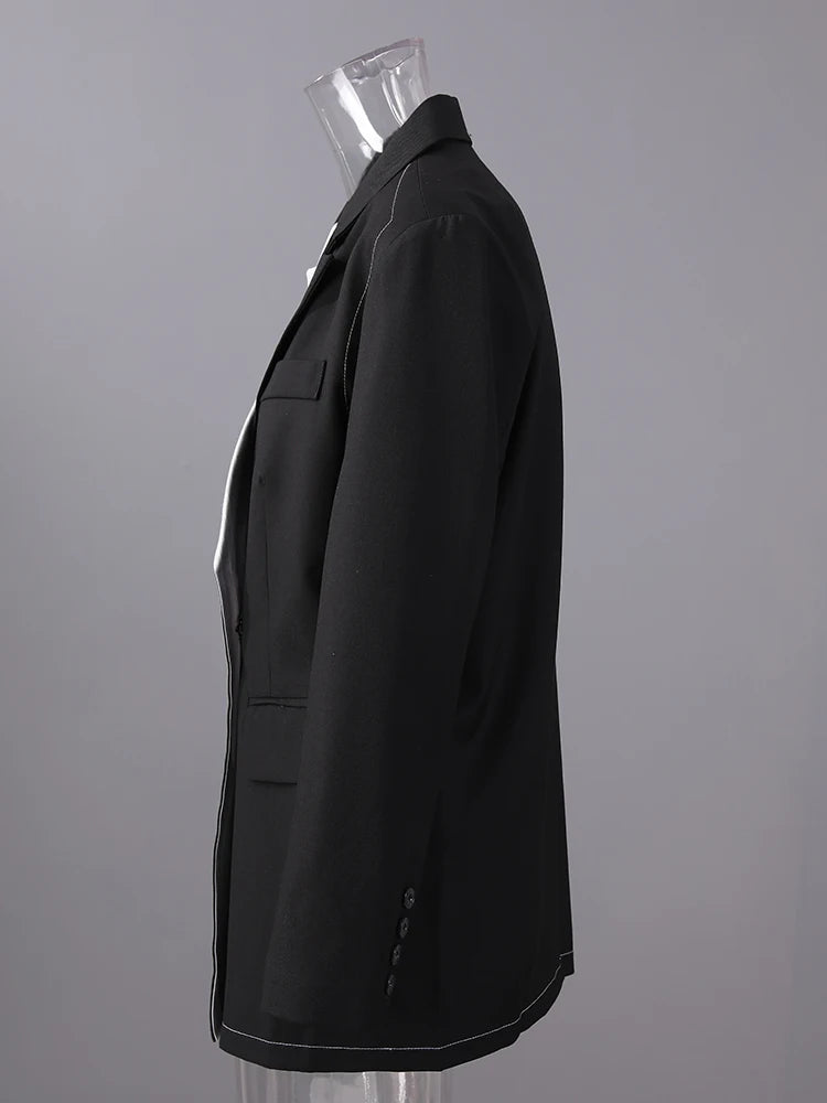 Women Black Striped Color-block Big Size Blazer New Lapel Long Sleeve Jacket Fashion Tide Spring Autumn 2025 2AA2393