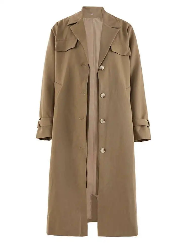 Women Khaki Belted Big Size Long Elegant Trench New V-neck Long Sleeve Windbreaker Fashion Tide Spring Autumn 2025 7AB252