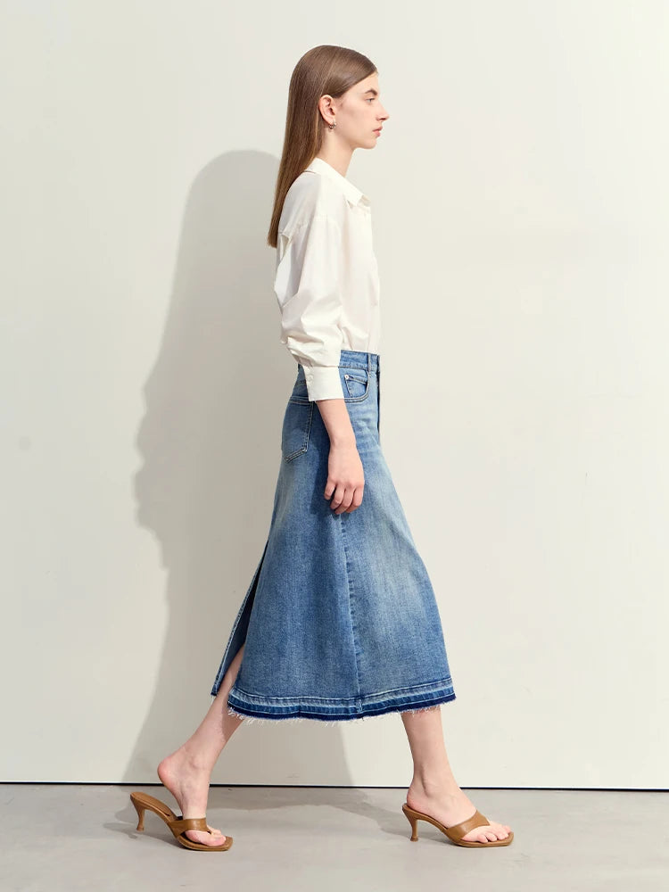 Minimalism 2024 Summer New Casual Denim Style Women Jeans Skirts Letters Embroidery Open Fork Female A-line Skirt 12442282