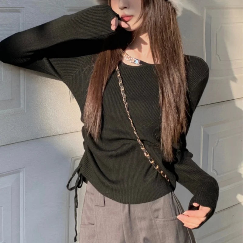 y2k Aesthetic Tops Women Clothes Solid Color Metal Chain Decor Round Neck Long Sleeve Knitted T Shirts 2000s Streetwear
