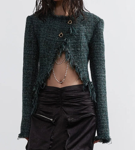 Green Irregular Hem Burr Vintage Tweed Jacket New V-neck Long Sleeve Women Coat Fashion Tide Spring Autumn 2025 1DH4720