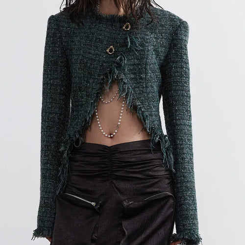 Load image into Gallery viewer, Green Irregular Hem Burr Vintage Tweed Jacket New V-neck Long Sleeve Women Coat Fashion Tide Spring Autumn 2025 1DH4720
