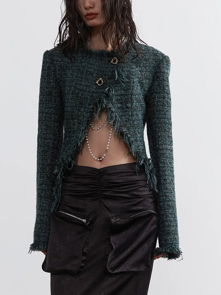 Green Irregular Hem Burr Vintage Tweed Jacket New V-neck Long Sleeve Women Coat Fashion Tide Spring Autumn 2025 1DH4720