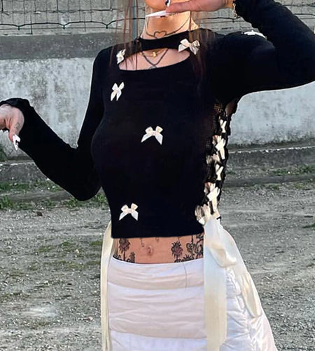 Sweet Korean Bow Cute Female T-shirts Skinny Lace Up Autumn Tee Shirts Coquette Clothes Cut Out Long Sleeve Top Basic