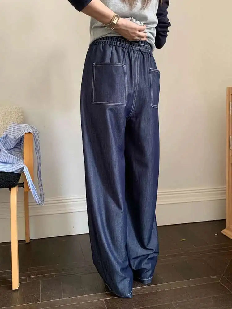 High Elastic Waist Navy Blue Long Casual Denim Wide Leg Pants New Trousers Women Fashion Tide Spring Autumn 2025 1DJ0357