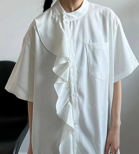 Women White Ruffles Pocket Big Size Blouse New Stand Collar Short Sleeve Shirt Fashion Tide Spring Summer 2025 1DJ0975
