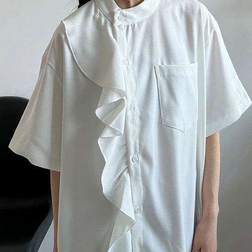 Load image into Gallery viewer, Women White Ruffles Pocket Big Size Blouse New Stand Collar Short Sleeve Shirt Fashion Tide Spring Summer 2025 1DJ0975

