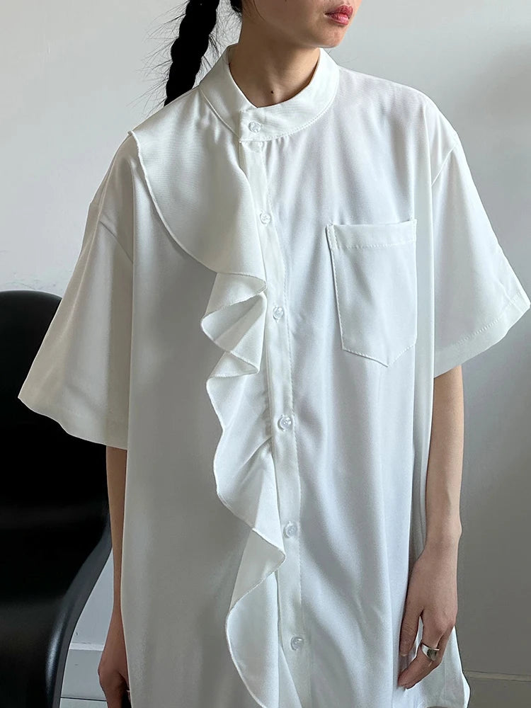 Women White Ruffles Pocket Big Size Blouse New Stand Collar Short Sleeve Shirt Fashion Tide Spring Summer 2025 1DJ0975