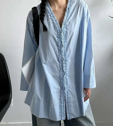 Women White Ruffles Elegant Big Size Long Blouse New V-neck Long Sleeve Shirt Fashion Tide Spring Autumn 2025 1DJ0732