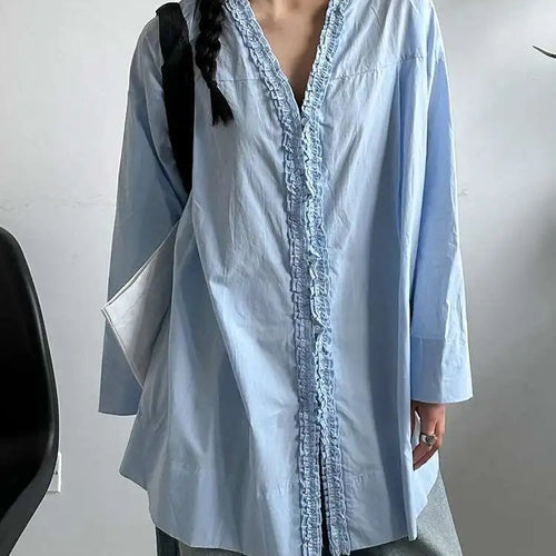 Load image into Gallery viewer, Women White Ruffles Elegant Big Size Long Blouse New V-neck Long Sleeve Shirt Fashion Tide Spring Autumn 2025 1DJ0732
