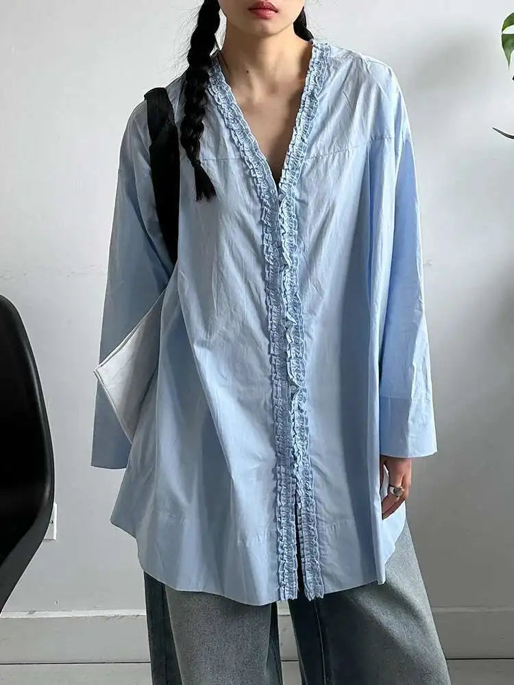 Women White Ruffles Elegant Big Size Long Blouse New V-neck Long Sleeve Shirt Fashion Tide Spring Autumn 2025 1DJ0732