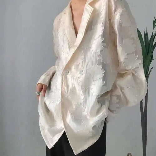 Load image into Gallery viewer, Women Beige Jacquard Embroidery Big Size Blouse New Lapel Long Sleeve Loose Fit Shirt Fashion Spring Autumn 2025 1DF1478
