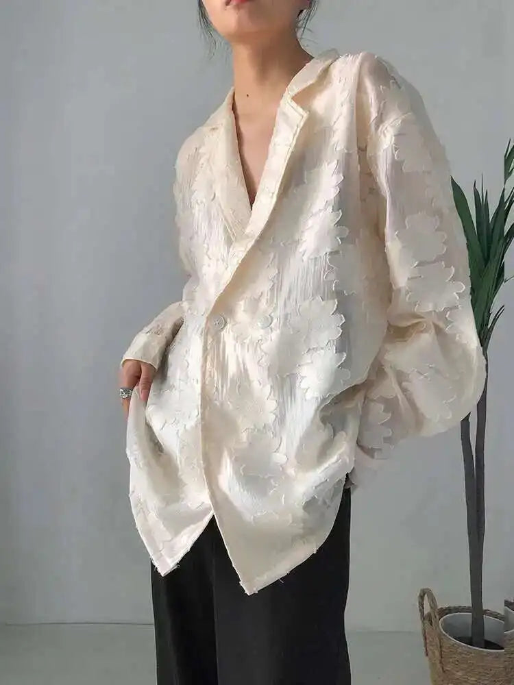 Women Beige Jacquard Embroidery Big Size Blouse New Lapel Long Sleeve Loose Fit Shirt Fashion Spring Autumn 2025 1DF1478