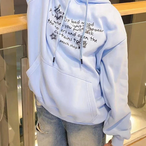 Load image into Gallery viewer, Sky Blue Hooded Drawstring Chic Letter Print Women Hoodies Winter Solid Color Street Simple Casual Fashion Female Hoodies
