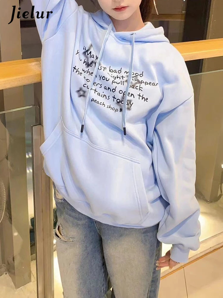 Sky Blue Hooded Drawstring Chic Letter Print Women Hoodies Winter Solid Color Street Simple Casual Fashion Female Hoodies