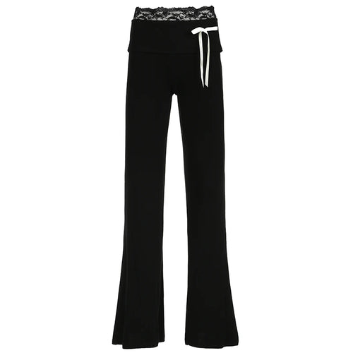 Load image into Gallery viewer, Casual Black Skinny Lace Spliced Basic Women Pants Bow Yoga Soft Gym Bow Harajuku Full Length Flared Trousers Bottoms
