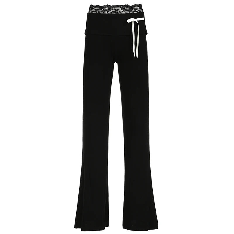 Casual Black Skinny Lace Spliced Basic Women Pants Bow Yoga Soft Gym Bow Harajuku Full Length Flared Trousers Bottoms