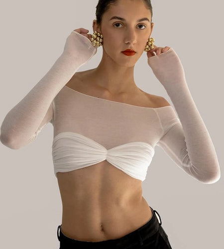 See Through Mesh Crop Top Women Pullovers Strapless Short Knit Cropped Tops Ladies Tee Shirt Sexy Off-shoulder T-shirt