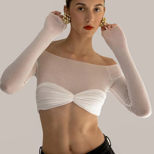 Load image into Gallery viewer, See Through Mesh Crop Top Women Pullovers Strapless Short Knit Cropped Tops Ladies Tee Shirt Sexy Off-shoulder T-shirt
