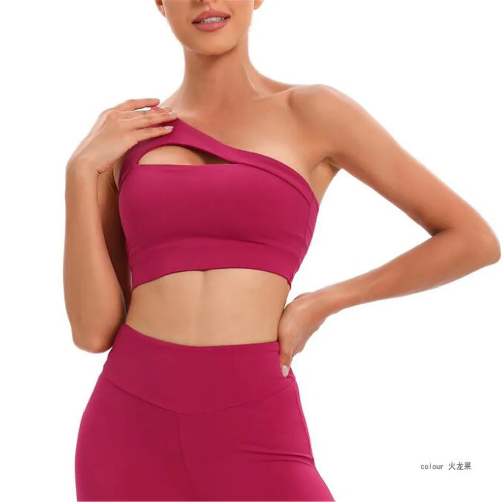 Plus Size XL Pad One Shoulder Women Sports Bra Unique Hollow Nylon Breathable Fitness Running Gym Clothes Yoga Bras