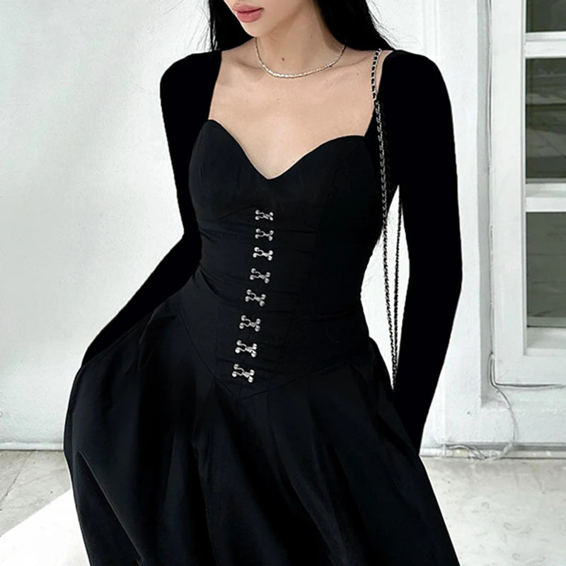 Gothic Fashion Corset Maxi Dress Elegant Square Neck Harajuku Pinks Up Loose Autumn Dress Women Party Draped Clothing