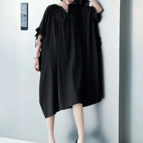 Load image into Gallery viewer, Women Black Bandage Ruffles Big Size Midi Dress New V-Neck Half Batwing Sleeve Fashion Tide Spring Autumn 2025 1DJ1044
