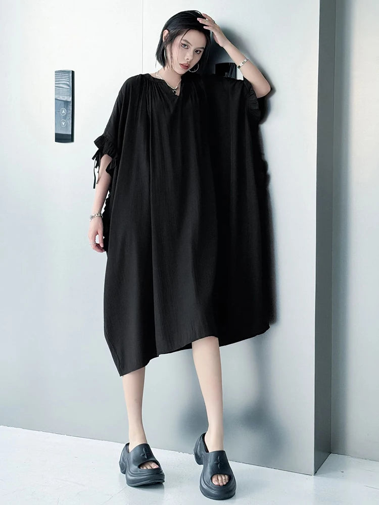 Women Black Bandage Ruffles Big Size Midi Dress New V-Neck Half Batwing Sleeve Fashion Tide Spring Autumn 2025 1DJ1044
