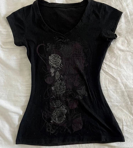 Y2k Aesthetic Flower Printing Women Grunge T-shirts Vintage Slim Harajuku Causal Black Tshirts 2025 Summer Bottoming Crop Tops