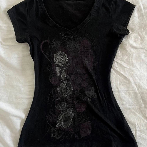 Load image into Gallery viewer, Y2k Aesthetic Flower Printing Women Grunge T-shirts Vintage Slim Harajuku Causal Black Tshirts 2025 Summer Bottoming Crop Tops
