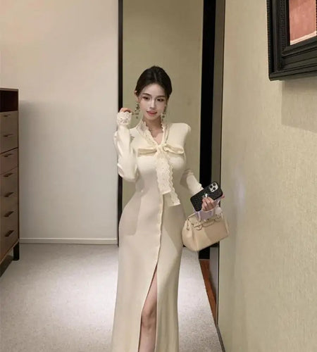 Korean 2024 New Women's Patchwork Lace Bow Bandage Dress Autumn Winter Single Breasted Office Lady Slim Split Knitted Dress Chic
