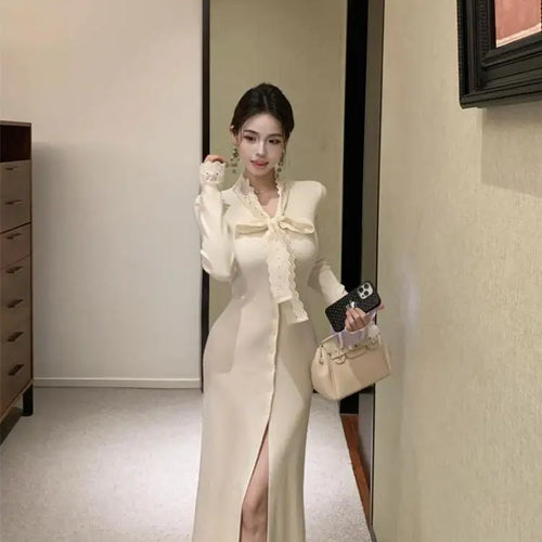 Load image into Gallery viewer, Korean 2024 New Women's Patchwork Lace Bow Bandage Dress Autumn Winter Single Breasted Office Lady Slim Split Knitted Dress Chic
