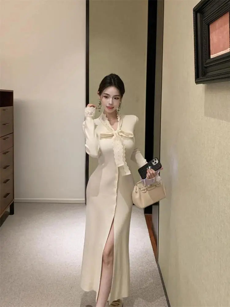Korean 2024 New Women's Patchwork Lace Bow Bandage Dress Autumn Winter Single Breasted Office Lady Slim Split Knitted Dress Chic