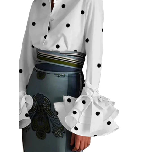 Load image into Gallery viewer, Women&#39;s Classic Polka Dot Blouse 2024 Autumn Flared Sleeves Falbala Lapel Spring Casual Office Shirts Tops For Ladies
